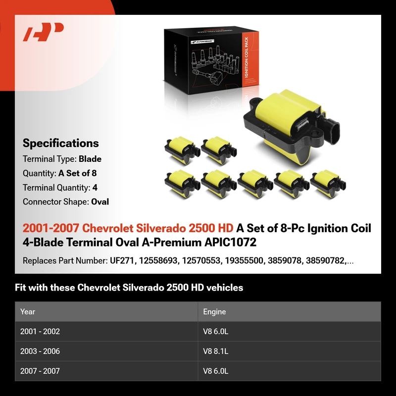 2001-2007 Chevrolet Silverado 2500 HD A Set of 8-Pc Ignition Coil 4-Blade Terminal Oval A-Premium APIC1072