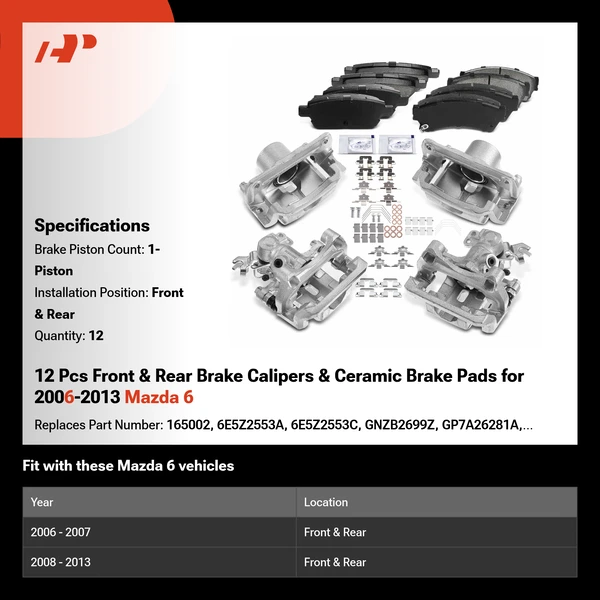 12 Pcs Front & Rear Brake Calipers & Ceramic Brake Pads for 2006-2013 Mazda 6