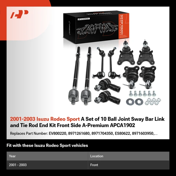 2001-2003 Isuzu Rodeo Sport A Set of 10 Ball Joint Sway Bar Link and Tie Rod End Kit Front Side A-Premium APCA1902