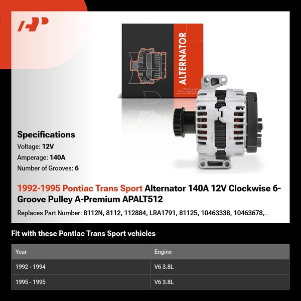 1992-1995 Pontiac Trans Sport Alternator 140A 12V Clockwise 6-Groove Pulley A-Premium APALT512