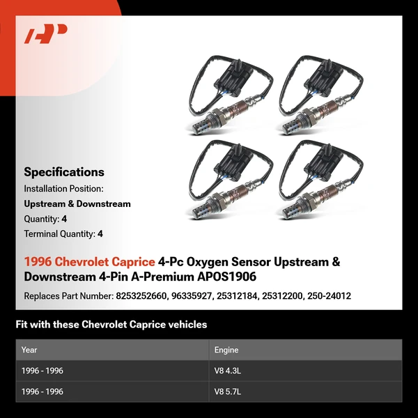 1996 Chevrolet Caprice 4-Pc Oxygen Sensor Upstream & Downstream 4-Pin A-Premium APOS1906