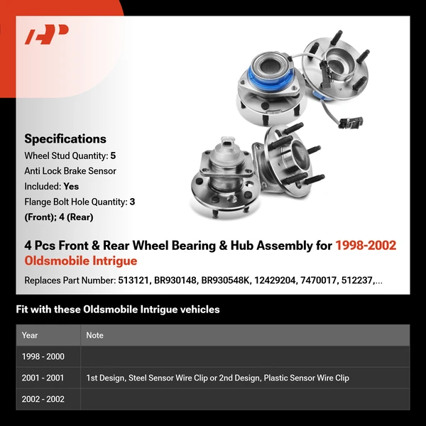 4 Pcs Front & Rear Wheel Bearing & Hub Assembly for 1998-2002 Oldsmobile Intrigue