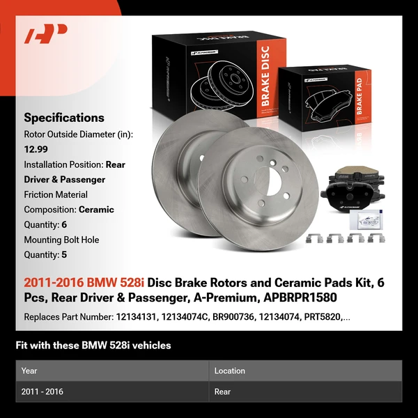 2011-2016 BMW 528i Disc Brake Rotors and Ceramic Pads Kit, 6 Pcs, Rear Driver & Passenger, A-Premium, APBRPR1580