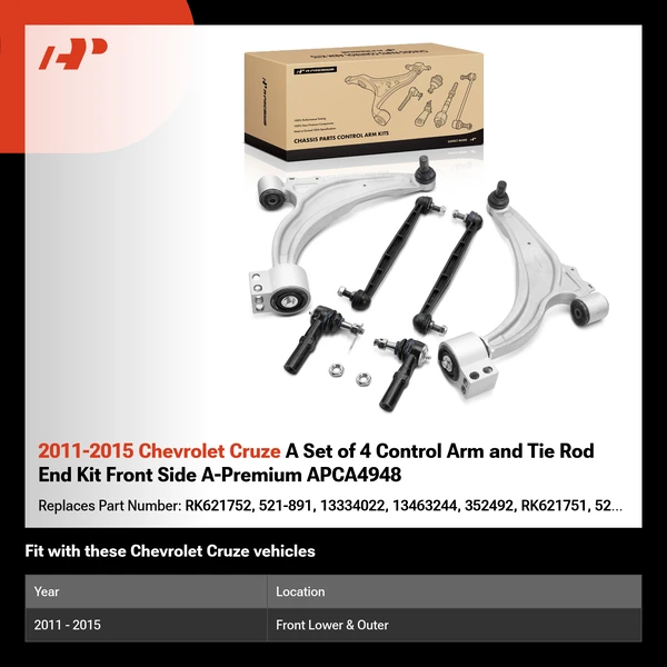 2011-2015 Chevrolet Cruze A Set of 4 Control Arm and Tie Rod End Kit Front Side A-Premium APCA4948