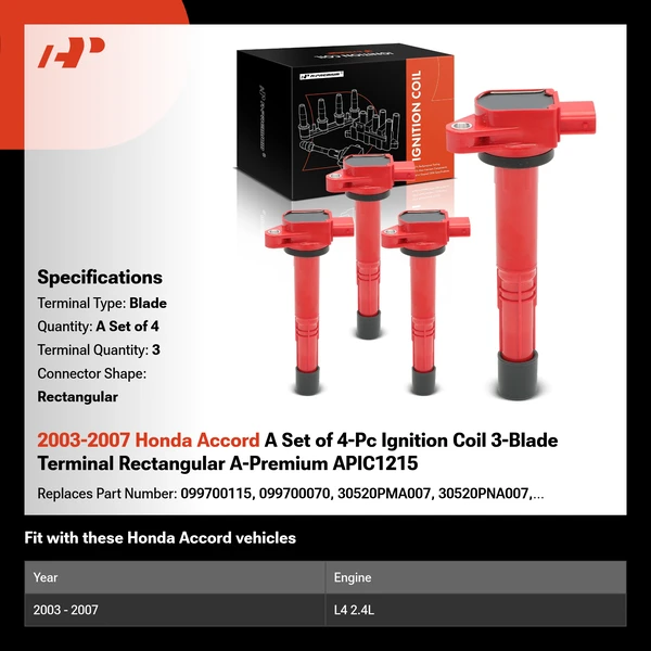 2003-2007 Honda Accord A Set of 4-Pc Ignition Coil 3-Blade Terminal Rectangular A-Premium APIC1215