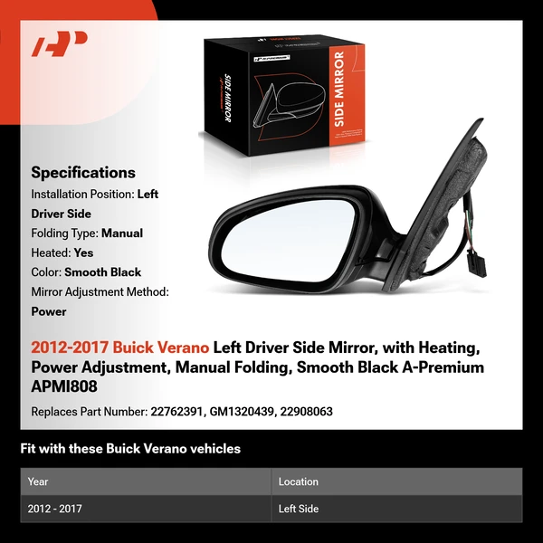 2012-2017 Buick Verano Left Driver Side Mirror, with Heating, Power Adjustment, Manual Folding, Smooth Black A-Premium APMI808