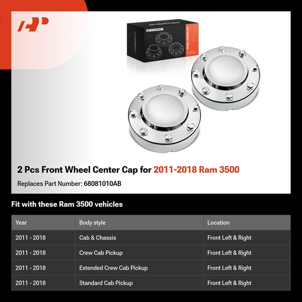 2 Pcs Front Wheel Center Cap for 2011-2018 Ram 3500