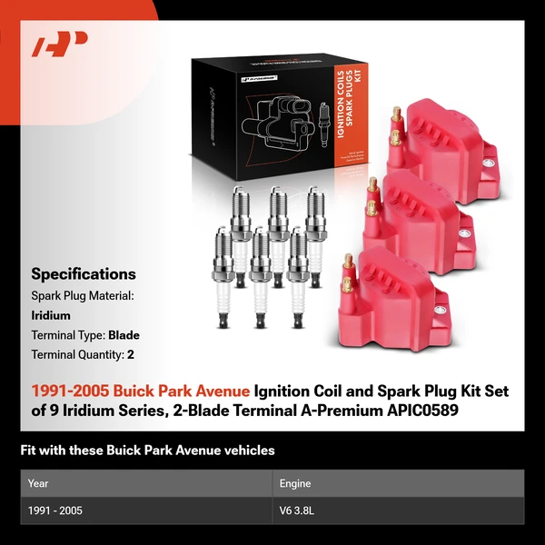 1991-2005 Buick Park Avenue Ignition Coil and Spark Plug Kit Set of 9 Iridium Series, 2-Blade Terminal A-Premium APIC0589