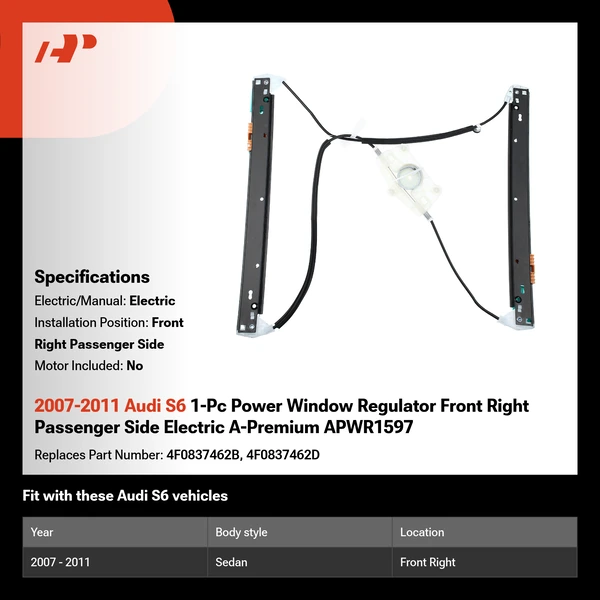2007-2011 Audi S6 1-Pc Power Window Regulator Front Right Passenger Side Electric A-Premium APWR1597