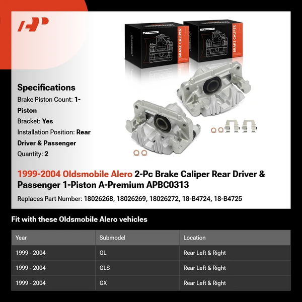 1999-2004 Oldsmobile Alero 2-Pc Brake Caliper Rear Driver & Passenger 1-Piston A-Premium APBC0313