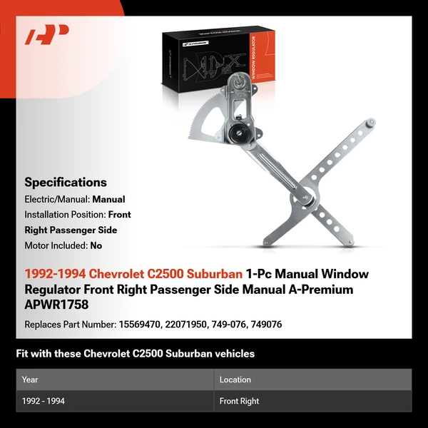 1992-1994 Chevrolet C2500 Suburban 1-Pc Manual Window Regulator Front Right Passenger Side Manual A-Premium APWR1758