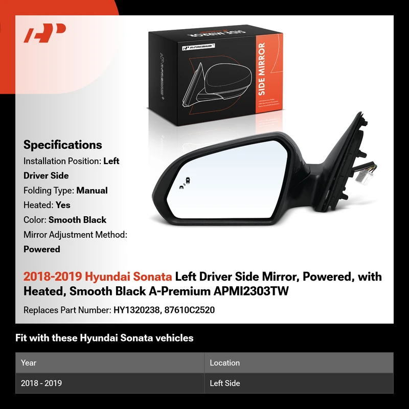 2018-2019 Hyundai Sonata Left Driver Side Mirror, Powered, with Heated, Smooth Black A-Premium APMI2303TW