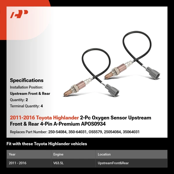 2011-2016 Toyota Highlander 2-Pc Oxygen Sensor Upstream Front & Rear 4-Pin A-Premium APOS0934