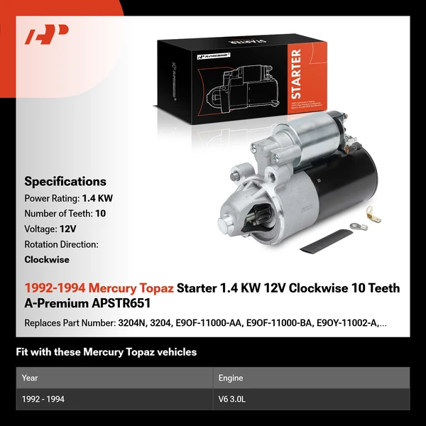 1992-1994 Mercury Topaz Starter 1.4 KW 12V Clockwise 10 Teeth A-Premium APSTR651