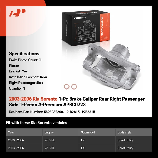 2003-2006 Kia Sorento 1-Pc Brake Caliper Rear Right Passenger Side 1-Piston A-Premium APBC0723