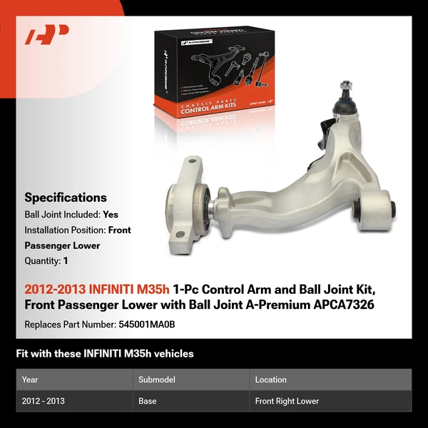 2012-2013 INFINITI M35h 1-Pc Control Arm and Ball Joint Kit, Front Passenger Lower with Ball Joint A-Premium APCA7326