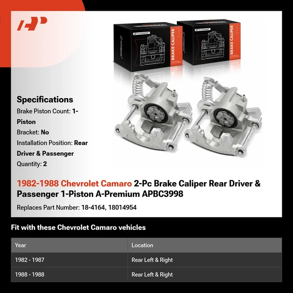 1982-1988 Chevrolet Camaro 2-Pc Brake Caliper Rear Driver & Passenger 1-Piston A-Premium APBC3998