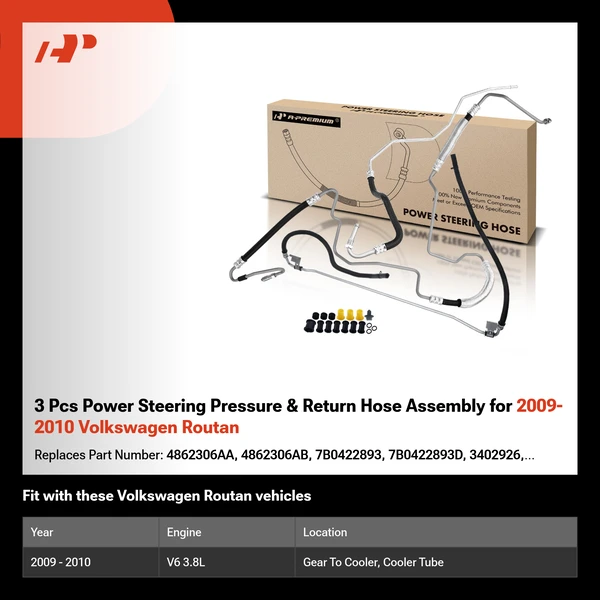 3 Pcs Power Steering Pressure & Return Hose Assembly for 2009-2010 Volkswagen Routan