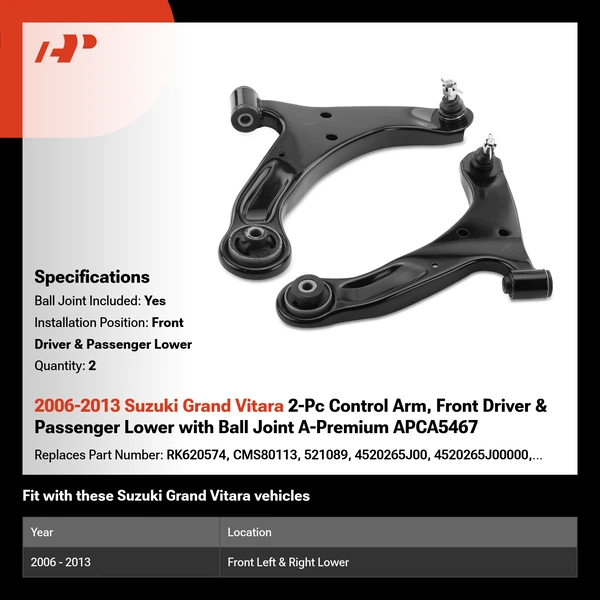 2006-2013 Suzuki Grand Vitara 2-Pc Control Arm, Front Driver & Passenger Lower with Ball Joint A-Premium APCA5467