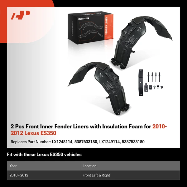 2 Pcs Front Inner Fender Liners with Insulation Foam for 2010-2012 Lexus ES350