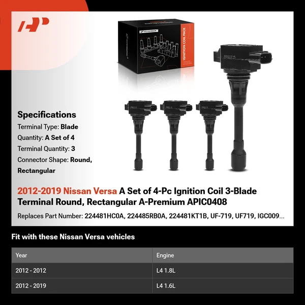 2012-2019 Nissan Versa A Set of 4-Pc Ignition Coil 3-Blade Terminal Round, Rectangular A-Premium APIC0408