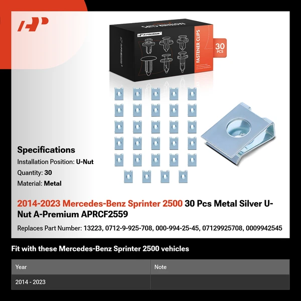2014-2023 Mercedes-Benz Sprinter 2500 30 Pcs Metal Silver U-Nut A-Premium APRCF2559