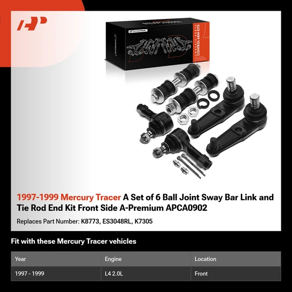 1997-1999 Mercury Tracer A Set of 6 Ball Joint Sway Bar Link and Tie Rod End Kit Front Side A-Premium APCA0902