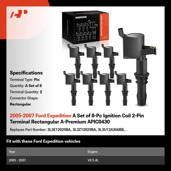 2005-2007 Ford Expedition A Set of 8-Pc Ignition Coil 2-Pin Terminal Rectangular A-Premium APIC0430
