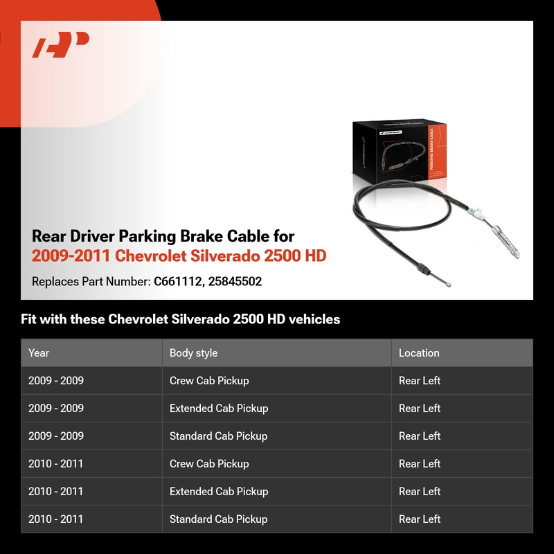 Rear Driver Parking Brake Cable for 2009-2011 Chevrolet Silverado 2500 HD