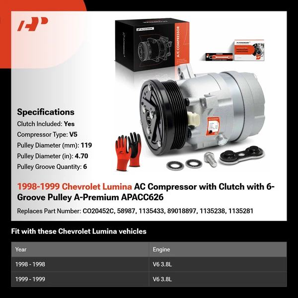 1998-1999 Chevrolet Lumina AC Compressor with Clutch with 6-Groove Pulley A-Premium APACC626