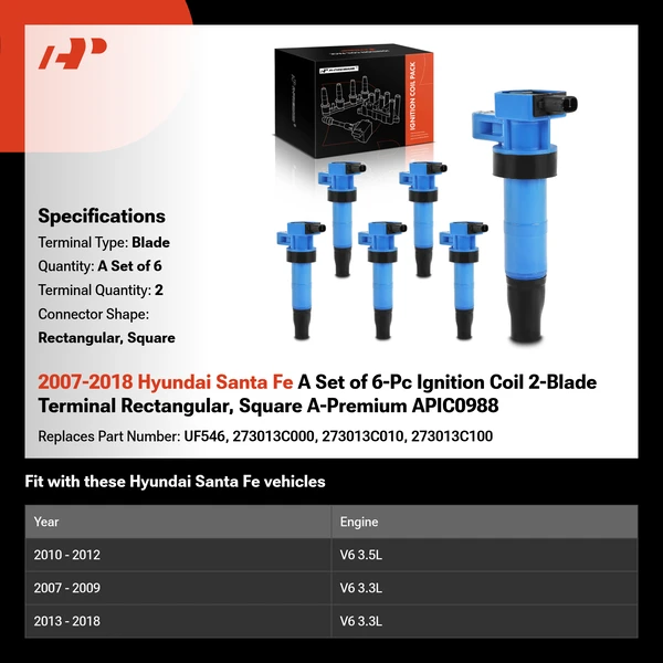 2007-2018 Hyundai Santa Fe A Set of 6-Pc Ignition Coil 2-Blade Terminal Rectangular, Square A-Premium APIC0988