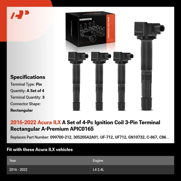 2016-2022 Acura ILX A Set of 4-Pc Ignition Coil 3-Pin Terminal Rectangular A-Premium APIC0165