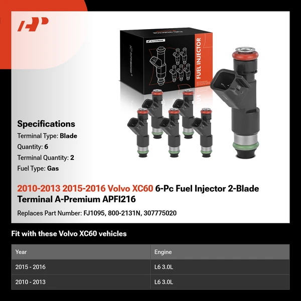 2010-2013 2015-2016 Volvo XC60 6-Pc Fuel Injector 2-Blade Terminal A-Premium APFI216