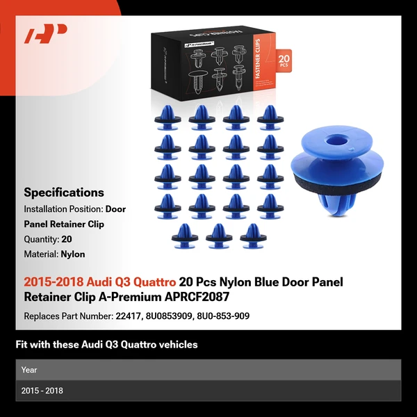 2015-2018 Audi Q3 Quattro 20 Pcs Nylon Blue Door Panel Retainer Clip A-Premium APRCF2087