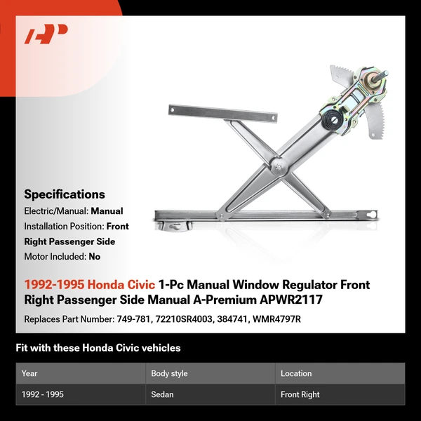 1992-1995 Honda Civic 1-Pc Manual Window Regulator Front Right Passenger Side Manual A-Premium APWR2117