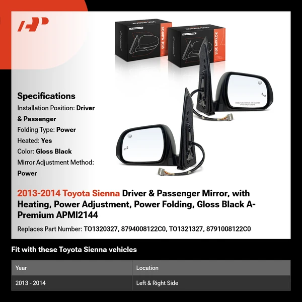 2013-2014 Toyota Sienna Driver & Passenger Mirror, with Heating, Power Adjustment, Power Folding, Gloss Black A-Premium APMI2144
