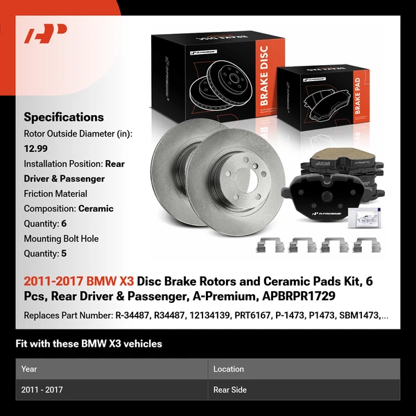 2011-2017 BMW X3 Disc Brake Rotors and Ceramic Pads Kit, 6 Pcs, Rear Driver & Passenger, A-Premium, APBRPR1729