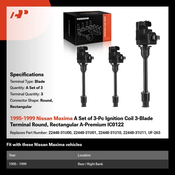 1995-1999 Nissan Maxima A Set of 3-Pc Ignition Coil 3-Blade Terminal Round, Rectangular A-Premium IC0122