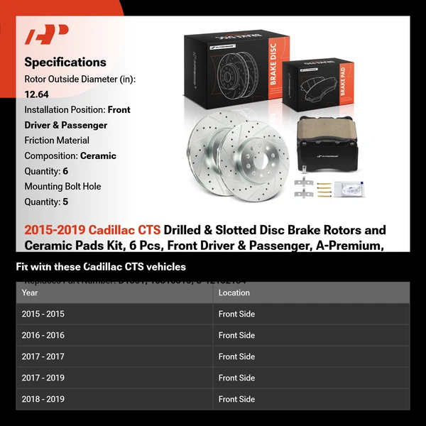2015-2019 Cadillac CTS Drilled & Slotted Disc Brake Rotors and Ceramic Pads Kit, 6 Pcs, Front Driver & Passenger, A-Premium, APBRPS1573