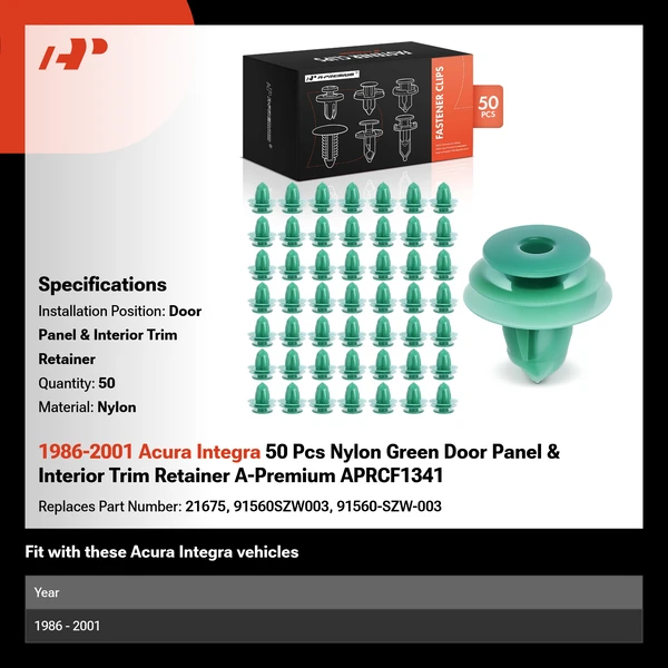 1986-2001 Acura Integra 50 Pcs Nylon Green Door Panel & Interior Trim Retainer A-Premium APRCF1341