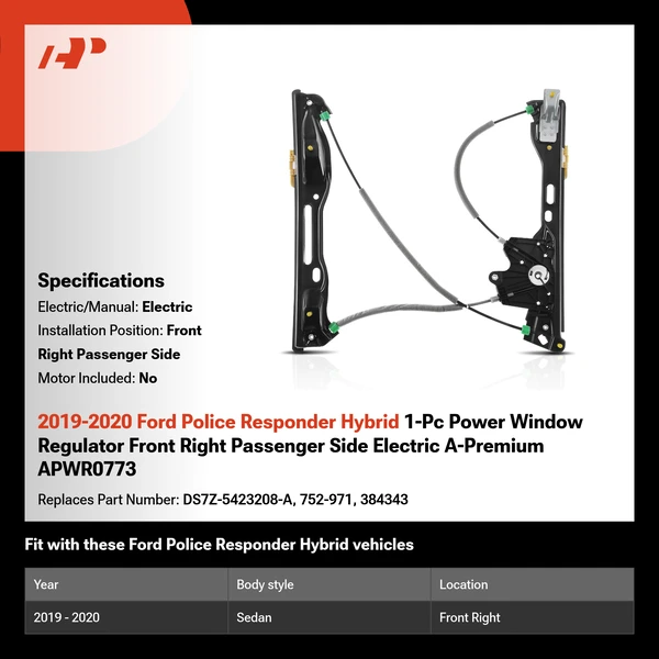 2019-2020 Ford Police Responder Hybrid 1-Pc Power Window Regulator Front Right Passenger Side Electric A-Premium APWR0773