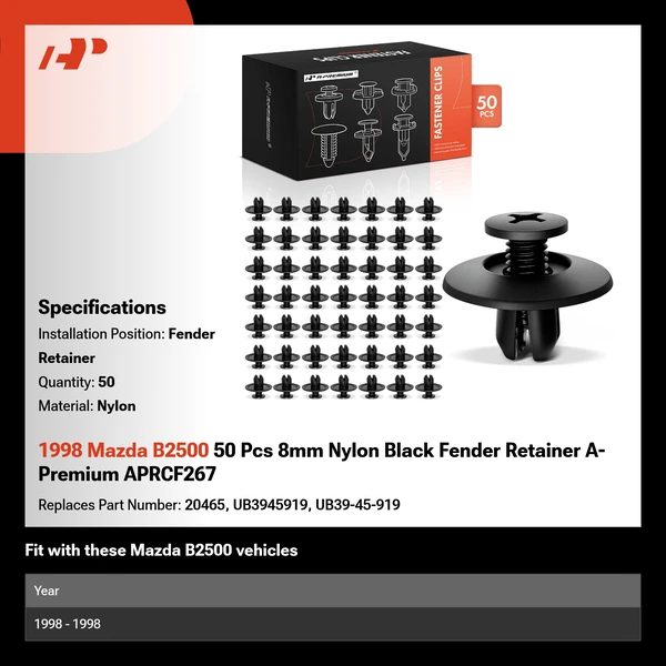 1998 Mazda B2500 50 Pcs 8mm Nylon Black Fender Retainer A-Premium APRCF267