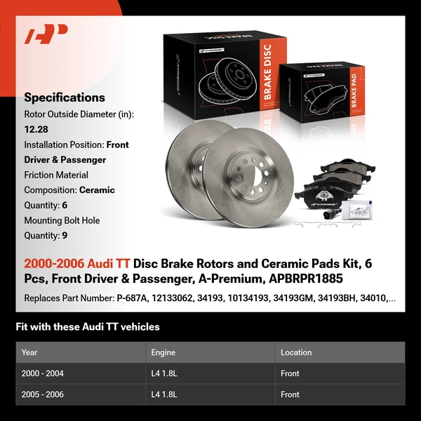 2000-2006 Audi TT Disc Brake Rotors and Ceramic Pads Kit, 6 Pcs, Front Driver & Passenger, A-Premium, APBRPR1885