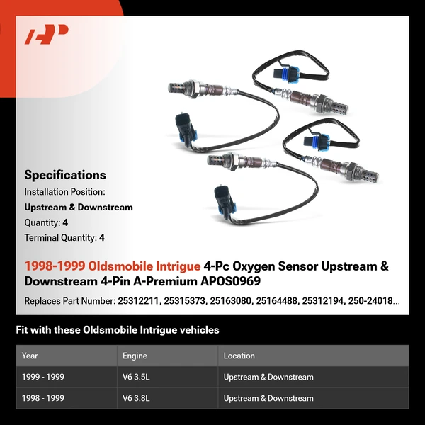 1998-1999 Oldsmobile Intrigue 4-Pc Oxygen Sensor Upstream & Downstream 4-Pin A-Premium APOS0969