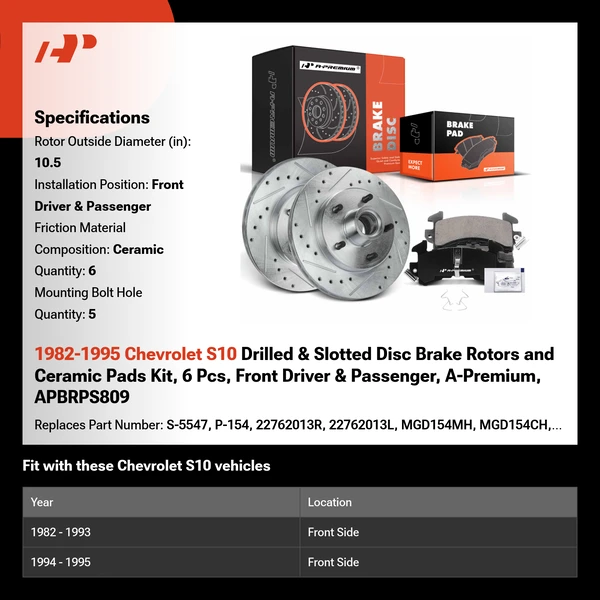 1982-1995 Chevrolet S10 Drilled & Slotted Disc Brake Rotors and Ceramic Pads Kit, 6 Pcs, Front Driver & Passenger, A-Premium, APBRPS809