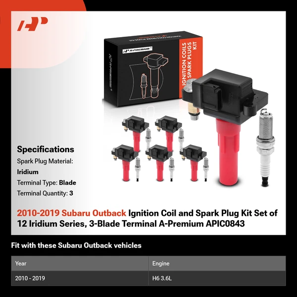 2010-2019 Subaru Outback Ignition Coil and Spark Plug Kit Set of 12 Iridium Series, 3-Blade Terminal A-Premium APIC0843