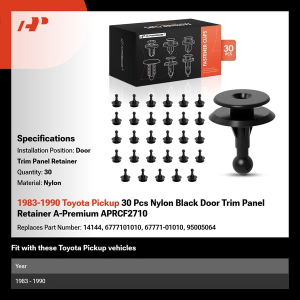 1983-1990 Toyota Pickup 30 Pcs Nylon Black Door Trim Panel Retainer A-Premium APRCF2710
