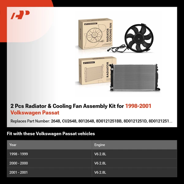 2 Pcs Radiator & Cooling Fan Assembly Kit for 1998-2001 Volkswagen Passat