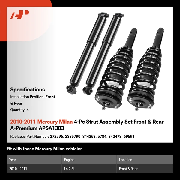 2010-2011 Mercury Milan 4-Pc Strut Assembly Set Front & Rear A-Premium APSA1383