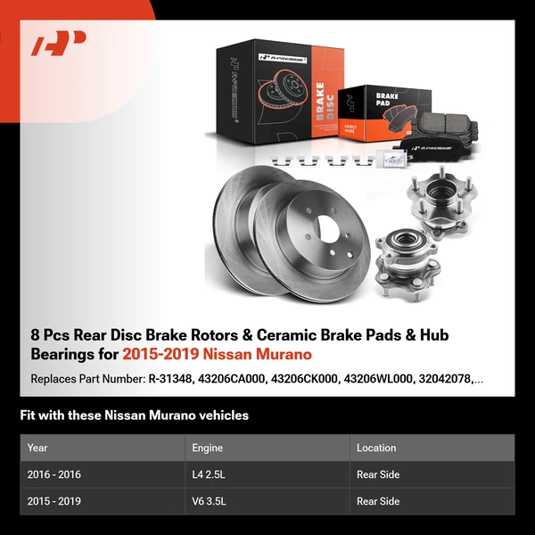 8 Pcs Rear Disc Brake Rotors & Ceramic Brake Pads & Hub Bearings for 2015-2019 Nissan Murano